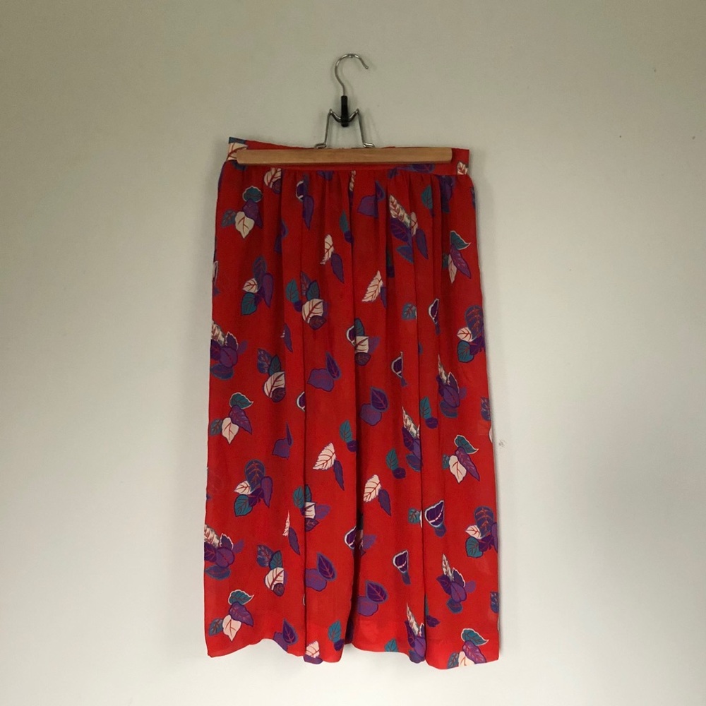 Vintage Red Floral Chiffon Midi Skirt